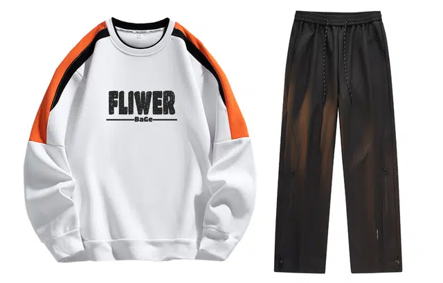 八哥 美式嘻哈街头复古字母印花撞色基础款圆领落肩卫衣搭配个性时尚百搭侧边拉链防风户外通勤伞兵裤休闲运动套装 男女同款