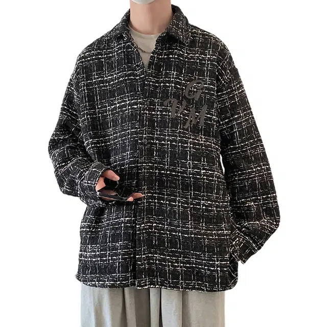 冈哉 千鸟格字母印花设计美式潮流慵懒风日系复古宽松百搭高街时尚休闲夹克外套 男女同款