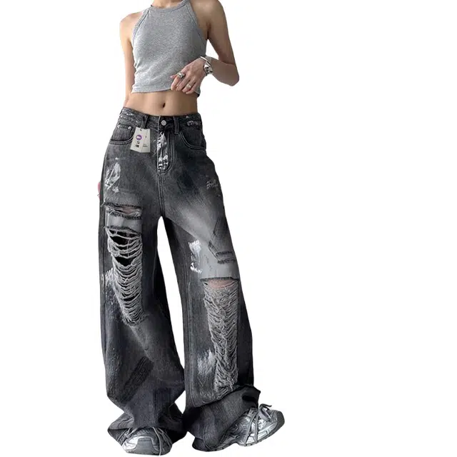 识恩 美式复古做旧破洞夏季慵懒风直筒拖地长裤子牛仔裤 女款