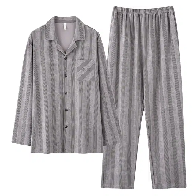 俏霓桐 春秋款简约经典条纹亲肤纯棉休闲舒适高级感长袖长裤家居服可外穿睡衣套装 男款
