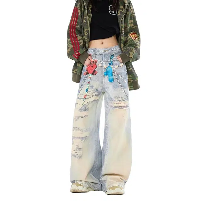 艾梵斯贝 美式复古潮流印花彩绘小众设计款无性别日常通勤百搭高级感宽松休闲高街风直筒牛仔裤 男女同款