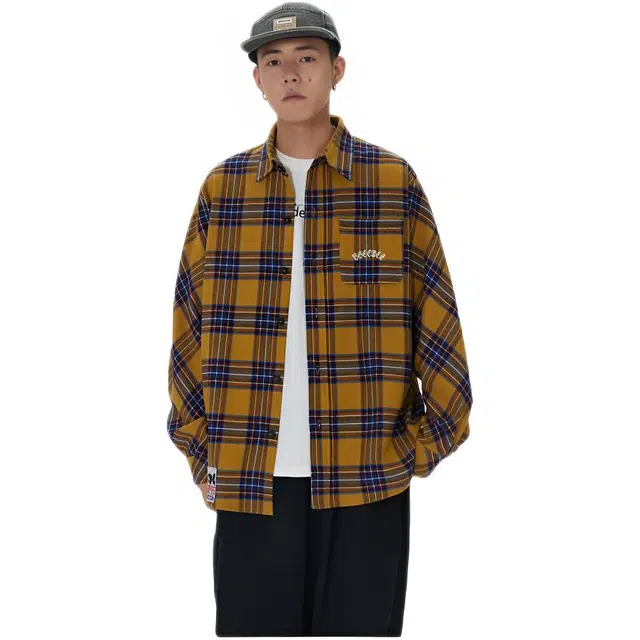 木木兔 美式复古休闲格纹翻领内搭衬衣时尚小众潮流百搭设计感长袖衬衫 男女同款