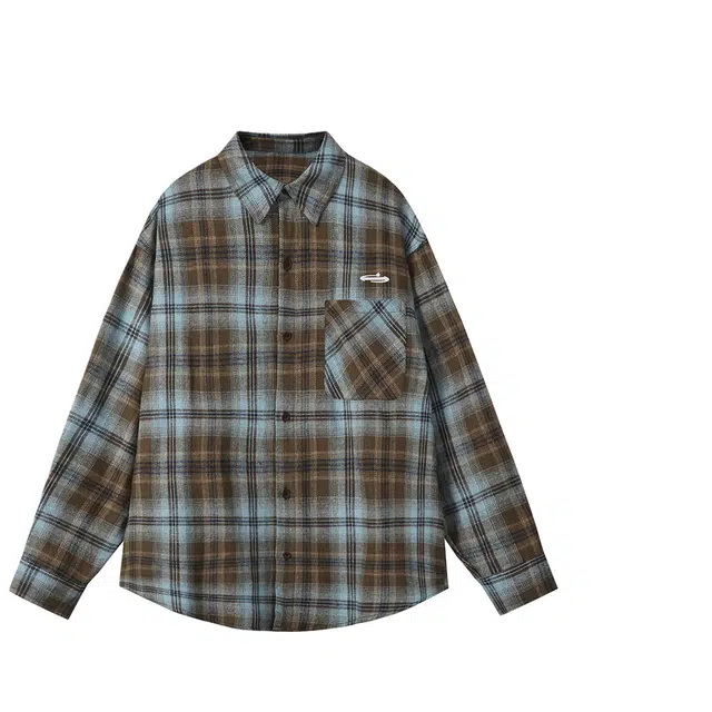 明尼凯 美式复古高街学院风小众个性设计感做旧水洗撞色格子简约慵懒风外套日常通勤百搭休闲宽松时尚潮流街头痞帅翻领长袖衬衫 男女同款