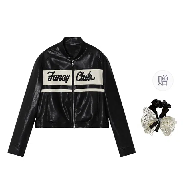 涂诗菲 美式复古机车皮衣百搭休闲撞色字母时尚小众上衣外套夹克 女款