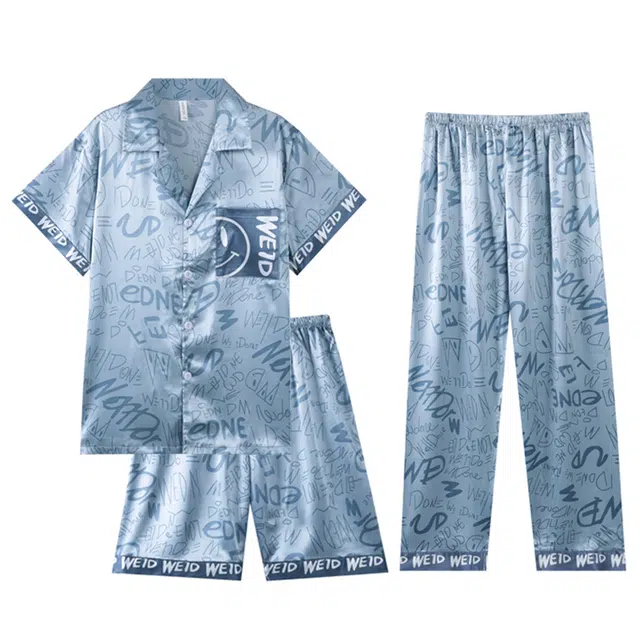 向薇 三件套短袖短裤薄款大码家居服睡衣套装 男款