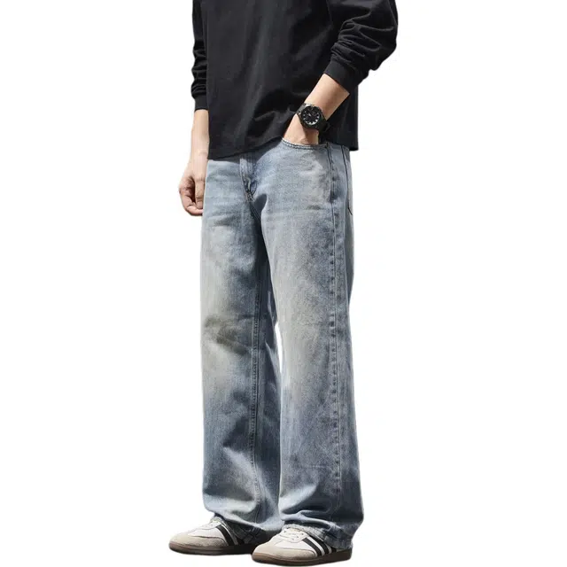 潮人榜 美式复古水洗做旧浅色休闲裤男秋冬厚款纯棉宽松直筒阔腿牛仔裤 男款