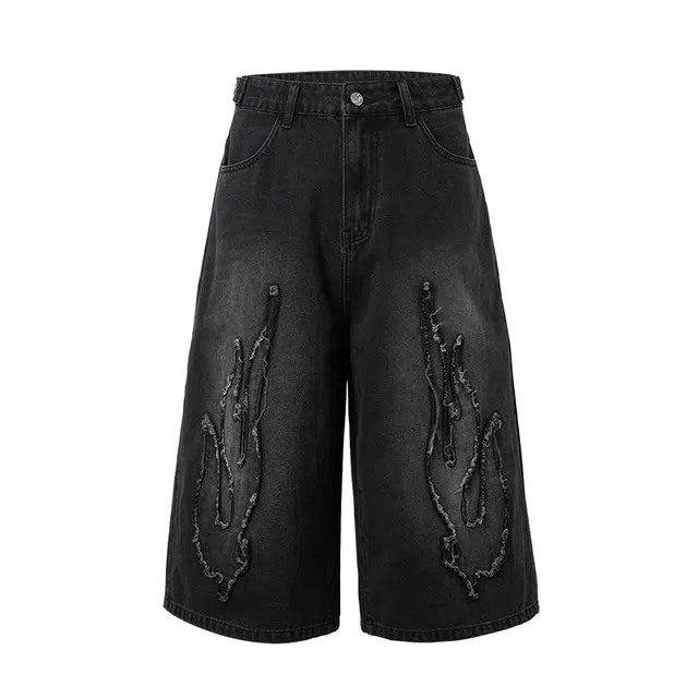 艾梵斯贝 美式复古潮流火焰贴布做旧水洗小众设计款日常通勤百搭潮酷高街风时尚街头个性潮牌七分牛仔短裤 男款