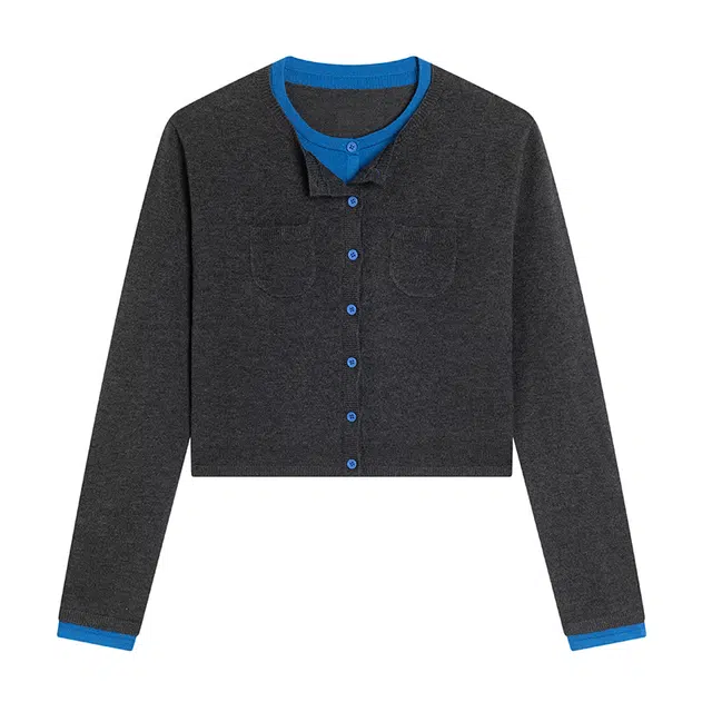 区区欧阳 时尚百搭撞色假两件慵懒风软糯开衫针织衫 女款