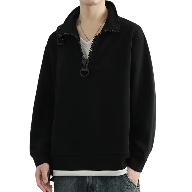 一碗士多 美式小众复古高街百搭经典纯色领口假两件半拉链设计独特撞色下摆宽松舒适垂感日常通勤户外运动简约基础款卫衣 男女同款