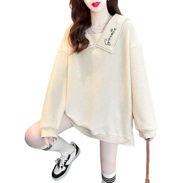 木清清 女士 海军领提花韩版中长款个性长袖加绒加厚套头卫衣 女款