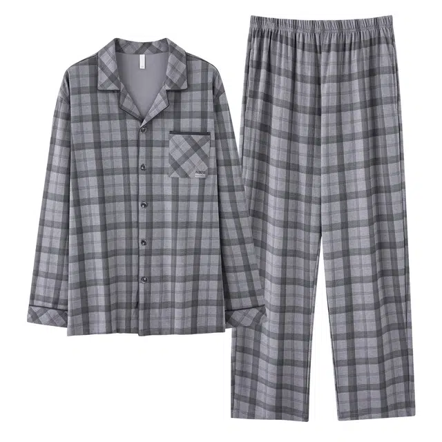 俏霓桐 春秋款经典格子亲肤纯棉休闲简约宽松舒适百搭长袖长裤家居服可外穿睡衣套装 男款