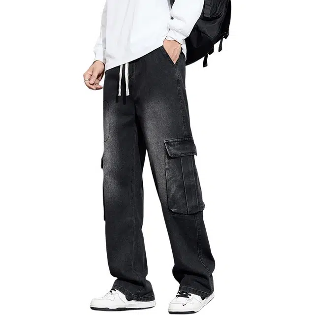 么宁 美式复古水洗工装裤多口袋宽松直筒裤舒适透气个性百搭休闲牛仔裤 男女同款