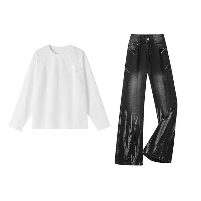 华夏儿女 美式高街复古条纹结构简约通用卫衣套装 男女同款