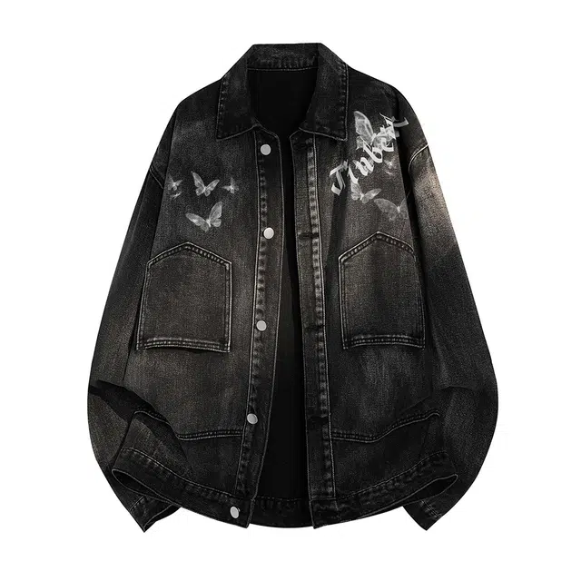 金贝勒 美式高街模糊蝴蝶字母印花水洗做旧痞帅潮流单排扣翻领慵懒学院宽松休闲百搭牛仔外套 男女同款