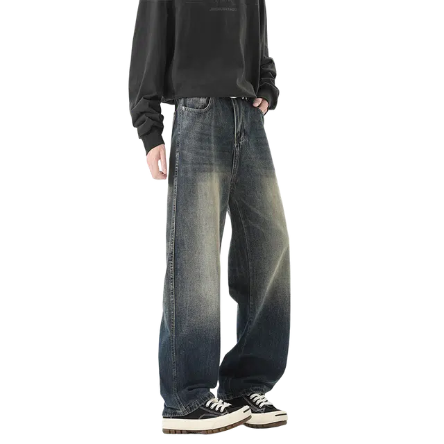 一碗士多 美式高街复古小众百搭简约渐变经典做旧水洗基础款日常通勤微喇垂感拖地宽松阔腿直筒牛仔裤 男女同款
