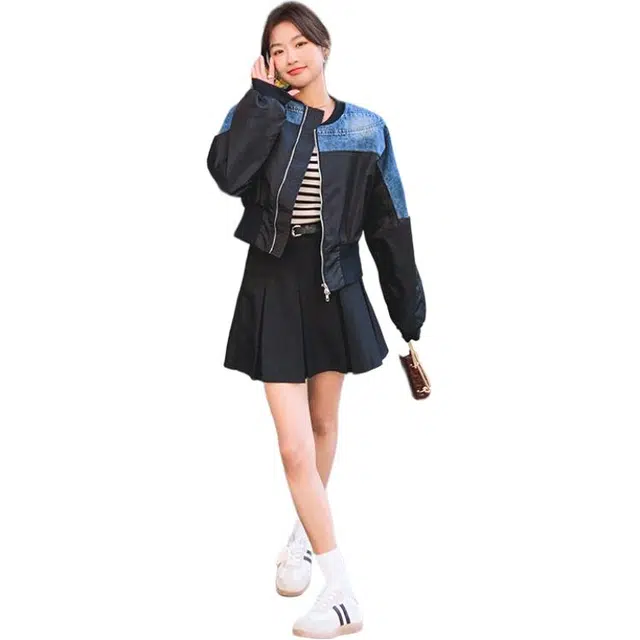 稻草人 设计感小众牛仔拼接撞色时尚夹克外套 女款