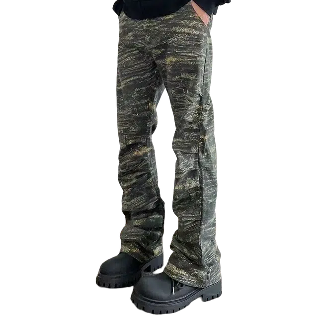 一碗士多 迷彩褶皱感做旧直筒微喇潮流百搭日常不贴腿显高显瘦多抽褶设计感拖地痞帅高级感时尚炸街牛仔裤 男女同款