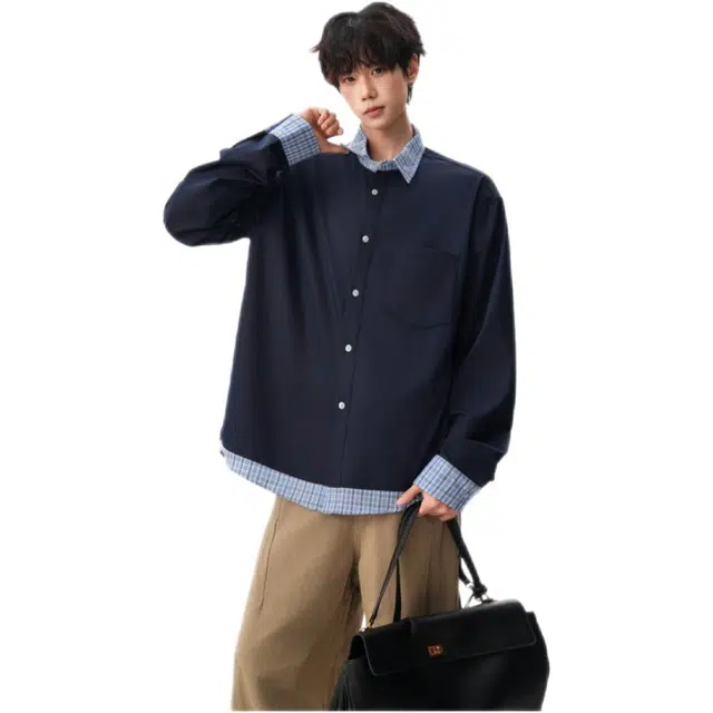 木木兔 秋季日系假两件高街潮牌情侣衬衣复古宽松学院风运动上衣衬衫 男女同款