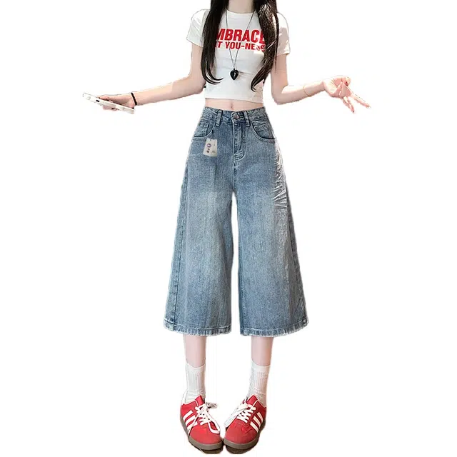 识恩 美式复古格子拼接短裤女宽松显瘦休闲百搭阔腿牛仔裤 女款