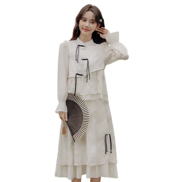 荟萃阁 新中式宽松高腰立领长袖裙装套装 女款