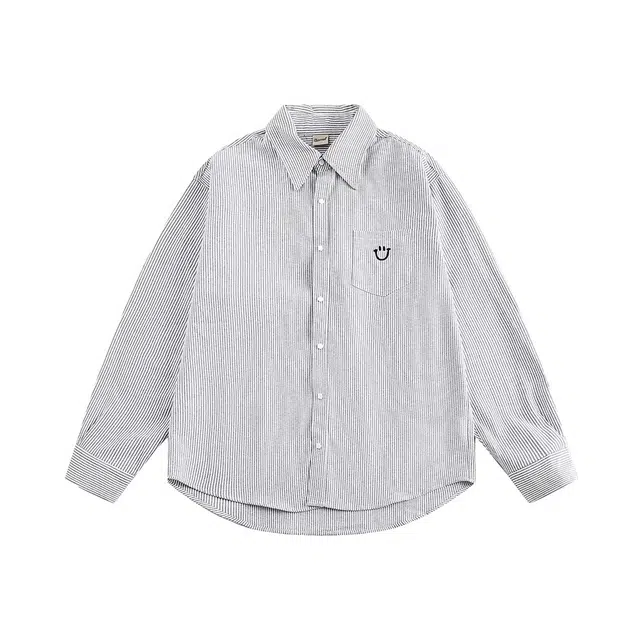 木木兔 美式春秋季慵懒风休闲上衣宽松百搭外套笑脸条纹长袖衬衫 男女同款