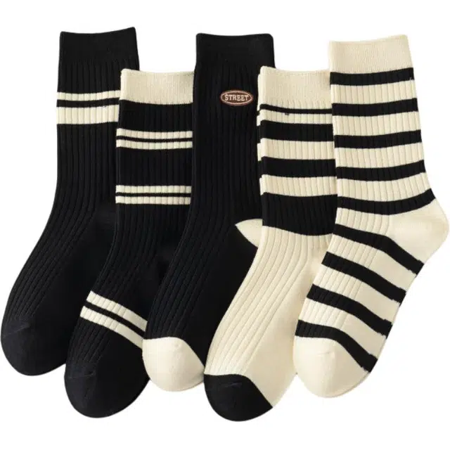潞优野 抗起球防臭抑菌透气黑白条纹秋冬季棉袜吸汗堆堆中筒袜 女款
