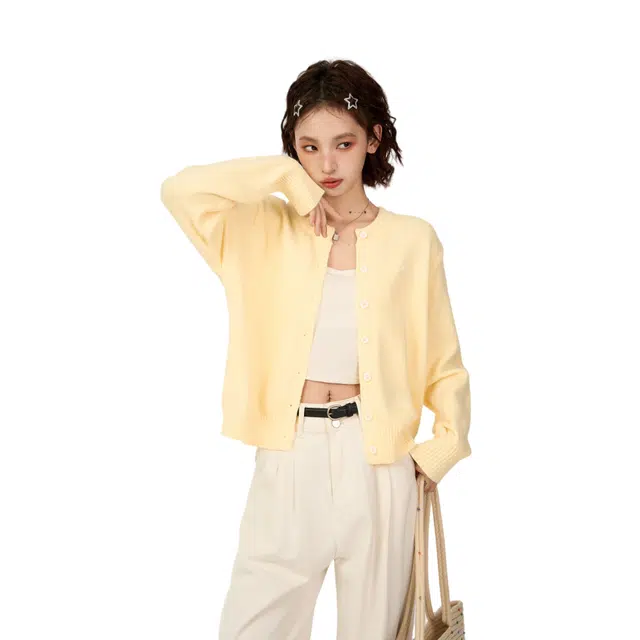 柏黛妃 圆领长袖针织衫短款外搭羊毛上衣开衫外套 女款