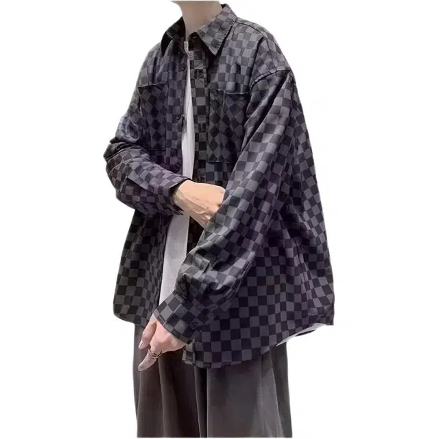 木木兔 美式棋盘格翻领宽松休闲长袖衬衫 男女同款