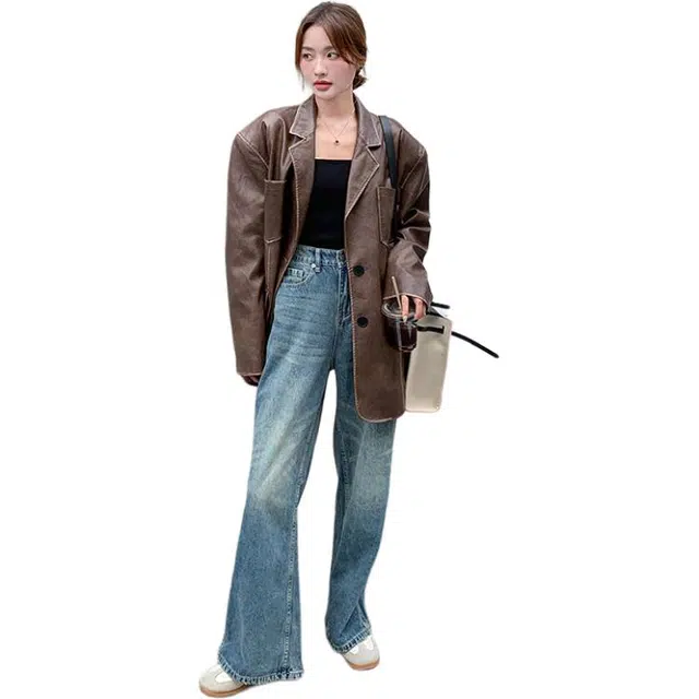 稻草人 美式复古擦色西装式皮衣外套 女款
