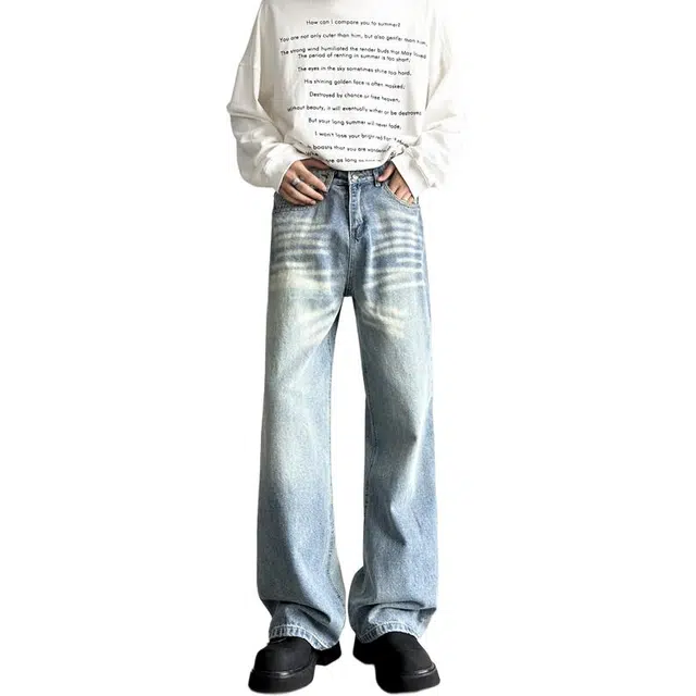 袋鼠 美式复古休闲简约风百搭基础款水洗做旧竹节纹潮牌宽松微喇长裤子牛仔裤 男女同款