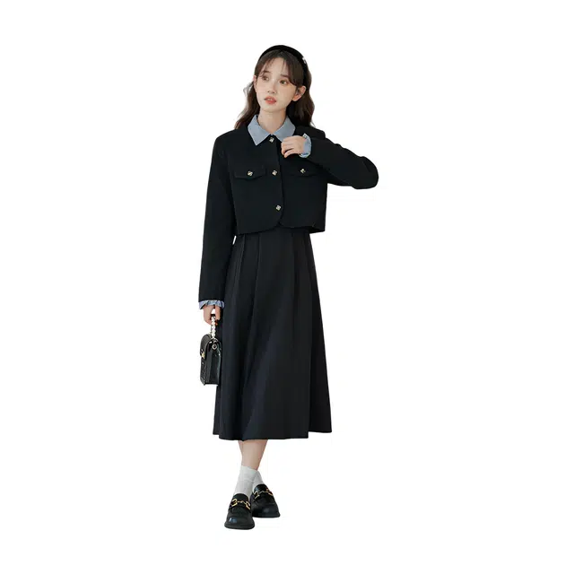 荟萃阁 优雅气质翻领长袖外套舒适连衣裙裙装套装 女款