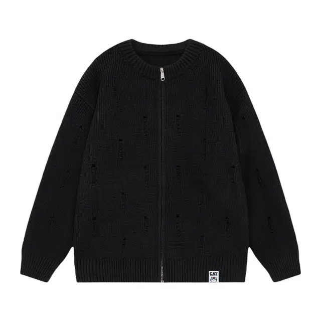 吾皇猫 学院风美式复古破洞乞丐设计高街基础款长袖上衣慵懒风时尚贴布舒适透气春秋针织外套潮流简约百搭冬季休闲开衫毛衣 男女同款