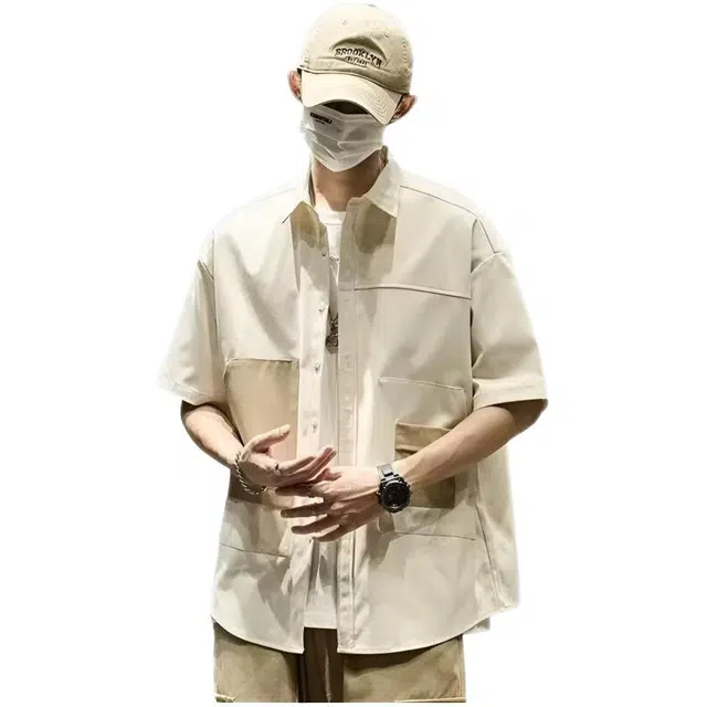 木木兔 美式高街拼接工装短袖潮牌时尚潮流青少年百搭休闲宽松衬衫 男款