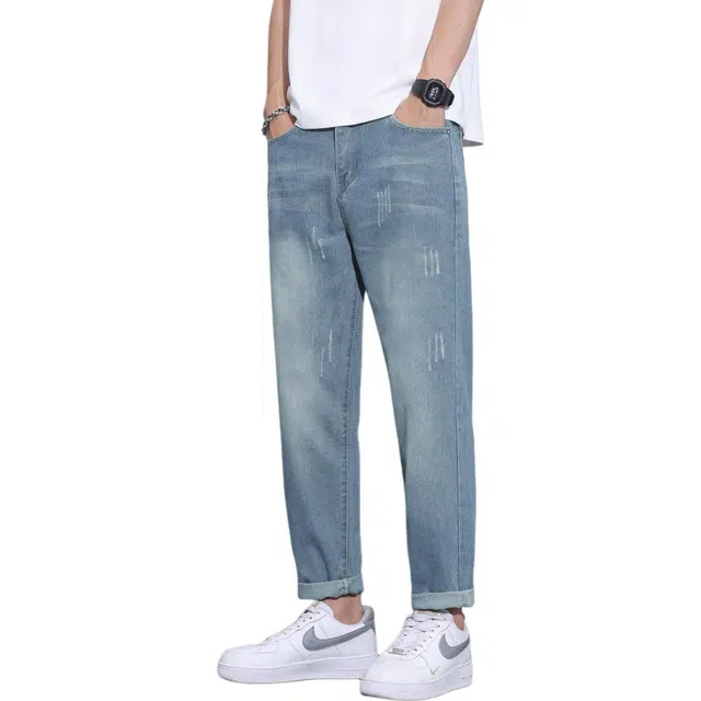 瑞梵帝斯 夏季美式水洗做旧无性别主义宽松九分直筒运动裤时尚休闲百搭简约学院风高级感痞帅裤男生牛仔裤 男款