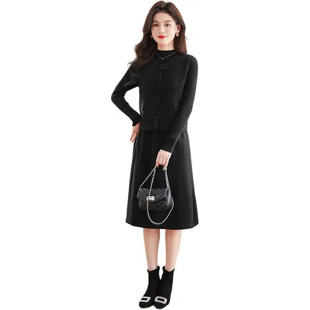 稻草人 半高领减龄显瘦高级感马甲裙子秋冬针织套装 女款
