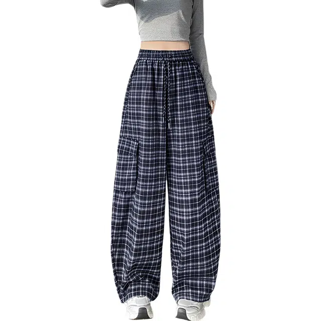 荟萃阁 复古慵懒风松紧腰抽绳格子阔腿裤女秋季大口袋工装弯刀休闲裤 女款