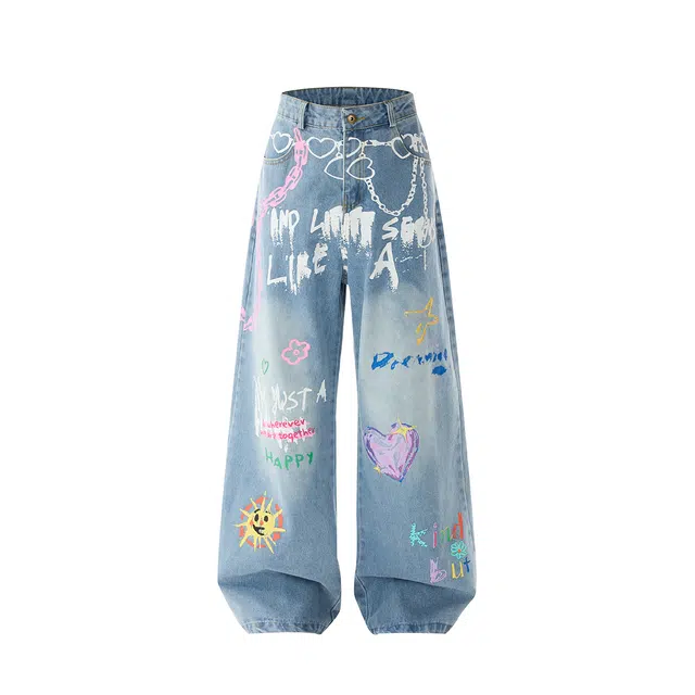 欧路得 美式复古涂鸦印花女秋季设计感宽松直筒阔腿拖地长裤子牛仔裤 男款