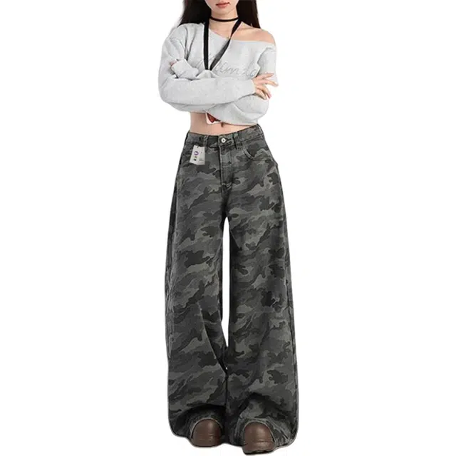识恩 美式高街工装阔腿迷彩夏季薄款复古宽松显瘦直筒裤子牛仔裤 女款