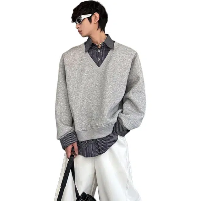 黑马漫画 小众设计感假两件拼接春季宽松休闲时尚卫衣 男女同款