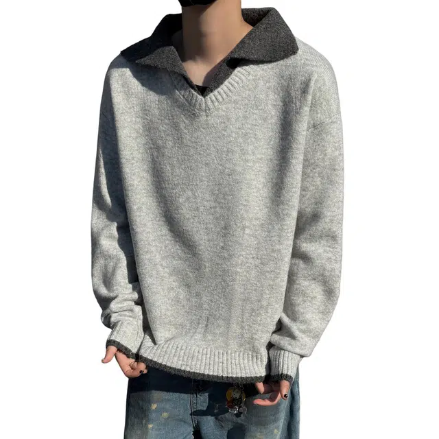 北欧攻略 假两件翻领套头学院风慵懒舒适痞帅长袖针织衫 男女同款