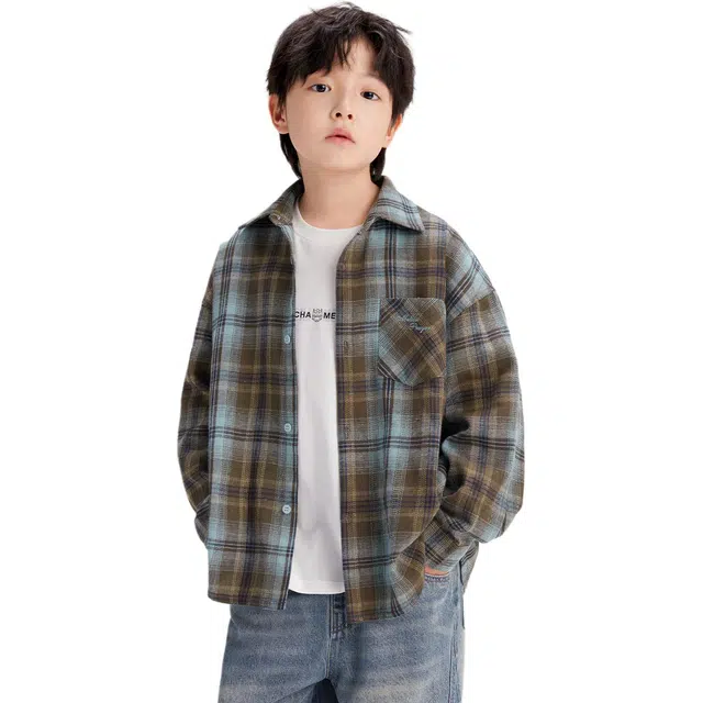 左西 格纹长袖休闲衬衫 自由主义 咖色拼色格子 舒适亲肤柔软可单穿 儿童款