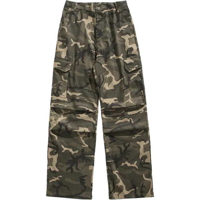 稻草人 美式复古迷彩百搭伞兵工装裤男生春秋季痞帅高街潮牌宽松直筒拖地阔腿长裤休闲裤 男女同款