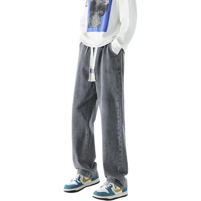 瑞梵帝斯 美式复古街头水洗做旧宽松弹力个性潮流时尚显瘦高显腿长垂坠柔软不硬工装微喇帅气高街阔腿拼接直筒裤男生牛仔裤 男款