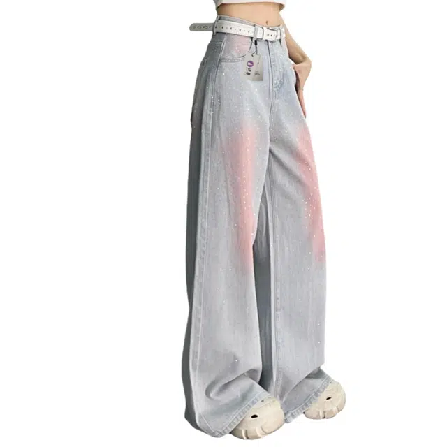 识恩 腮红裤马卡龙粉烫钻阔腿春秋款高街设计感垂感直筒长裤子牛仔裤 女款