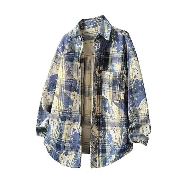 木木兔 美式高街复古长袖衬衣情侣外搭上衣扎染格子衬衫 男女同款