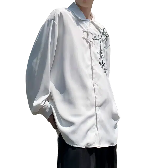 一碗士多 纯色刺绣竹子斜襟盘扣汉服唐装道袍新国风中式复古腔调小众设计个性百搭国潮长袖松弛感日常休闲舒适宽松衬衫 男女同款