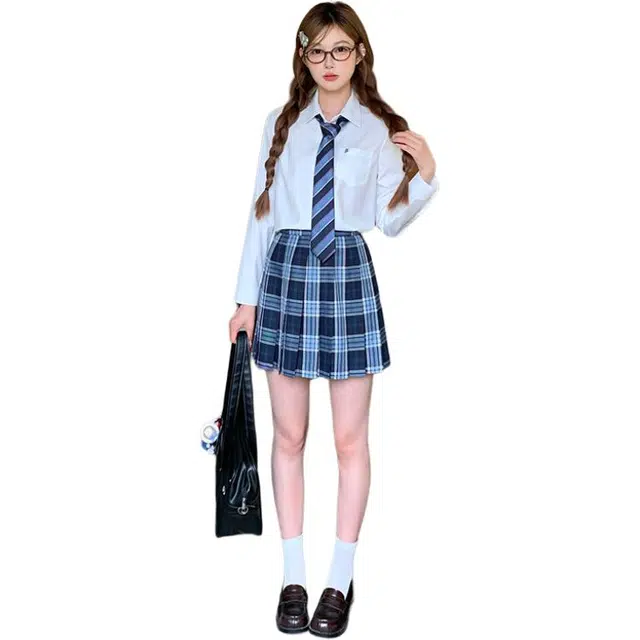 东鲸岁时记 长袖衬衫纯色基础款通勤学院风上衣小个子高腰半身裙裙装套装 女款