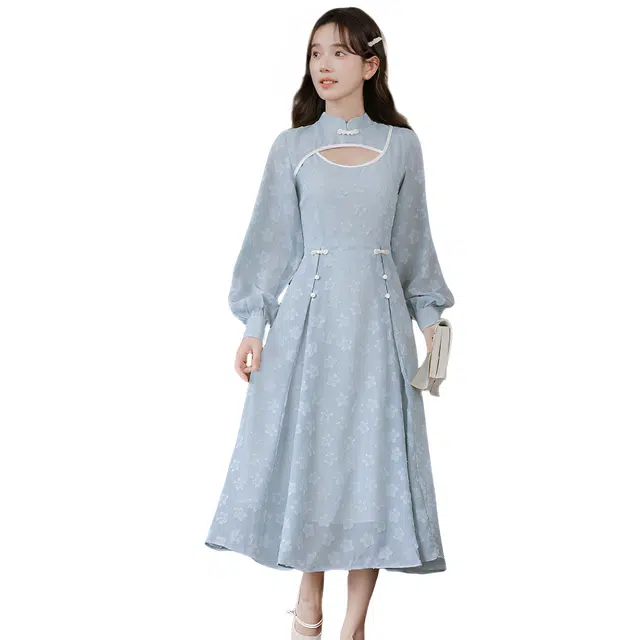 荟萃阁 新中式旗袍改良年轻款少女春秋气质复古民国风提花长袖连衣裙 女款