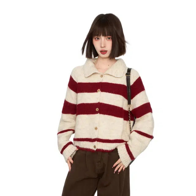 柏黛妃 条纹翻领针织衫加厚宽松慵懒短款羊绒上衣 女款