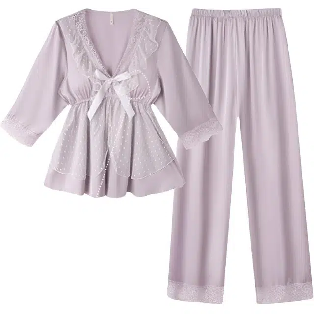 潞优野 优雅高级感冰丝凉感薄款带胸垫长袖蕾丝夏天家居服秋季睡衣套装 女款